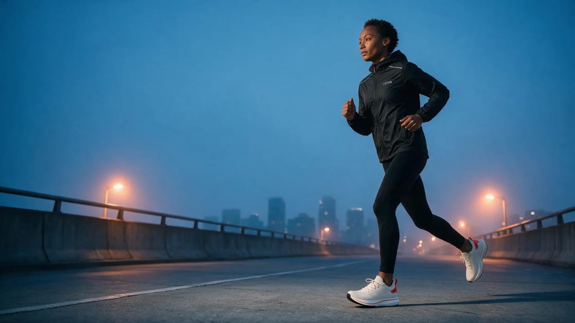 Runner crossing an empty overpass at blue hour