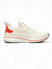 White background packshot of a running shoe, side profile