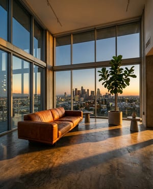 Real estate ad: a glass-walled loft at golden hour