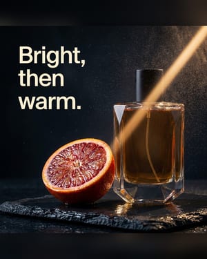 Beauty ad: a glass fragrance bottle beside a halved blood orange
