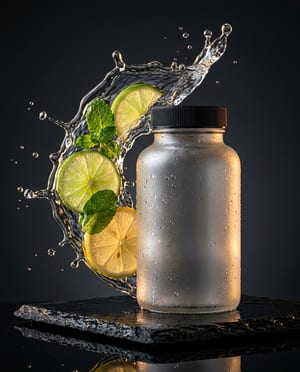 Product hero shot: a supplement bottle in a frozen water splash