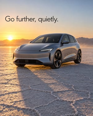Car ad: a compact electric hatchback on a salt flat