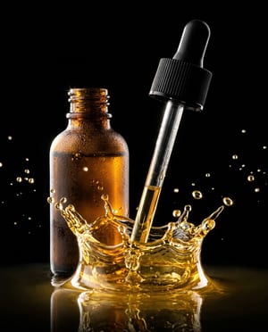Product hero shot: a serum dropper plunging into liquid gold