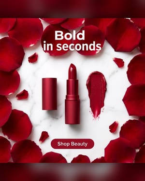 Beauty ad: a red lipstick on white marble with rose petals