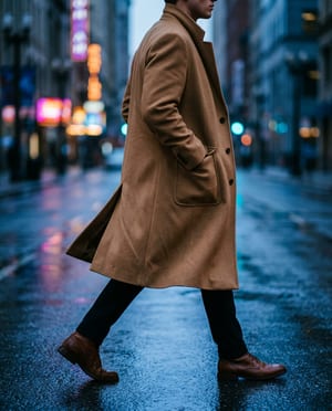 Fashion ad: a model mid-stride in a sculptural camel overcoat
