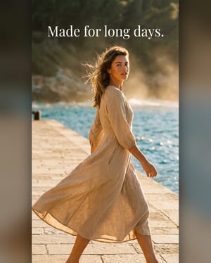Fashion ad: a model in a linen midi dress by the sea