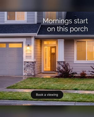Real estate ad: a suburban home's lit porch at dusk