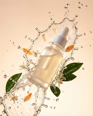Beauty ad: a frosted serum dropper bottle over a peach backdrop
