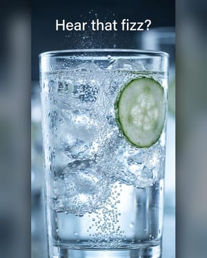 Macro shot: sparkling water fizzing over ice