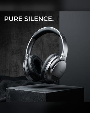 Product hero shot: wireless noise-cancelling headphones on a matte set