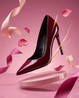 Product hero shot: a high heel floating above a pink podium