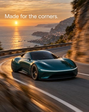Car ad: a teal electric coupe on a coastal road