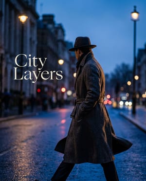 Fashion lookbook ad: a wool trench coat on a rainy city street