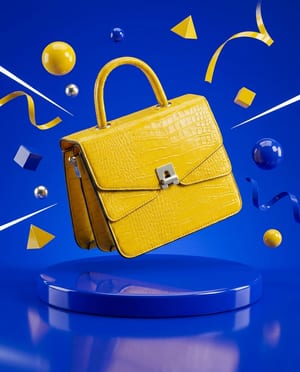Product hero shot: a handbag floating above a cobalt blue podium