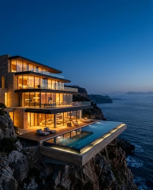 Real estate ad: a glass villa on a coastal cliff at dusk