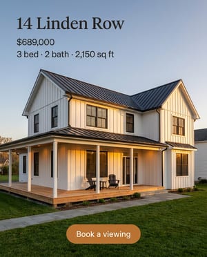 Just listed ad for a modern farmhouse with a wraparound porch