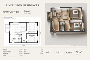 Sales sheet for a two-bedroom flat with a Scandinavian 3D plan