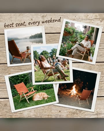 Photo dump ad: five snapshots of a camp chair on weekends