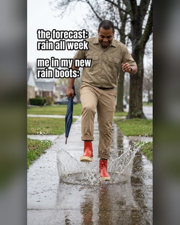 Meme ad: a man stomping a puddle in red rain boots