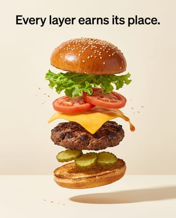 Exploded view: the layers of a burger floating apart