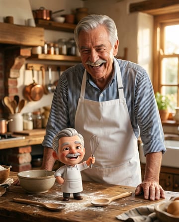 Mini-me photo: a chef in a home kitchen beside his 3D mini-me