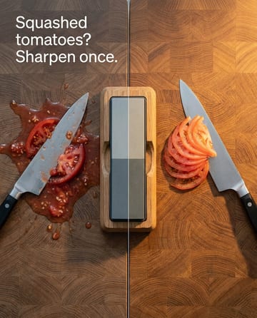 Problem solution ad: squashed tomatoes, a sharpener, then clean slices