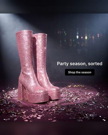 Holiday ad: party boots spotlit on a confetti-covered floor