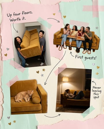 Scrapbook ad: snapshots of a mustard velvet sofa in a first flat