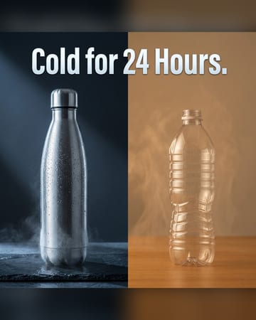 Us vs them ad: a frosty insulated bottle against a plastic one