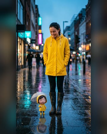 Mini-me photo: a woman in a yellow raincoat with her 3D mini-me