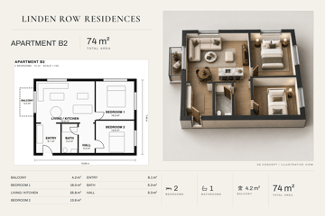 Sales sheet for a two-bedroom flat with a modern luxury 3D plan