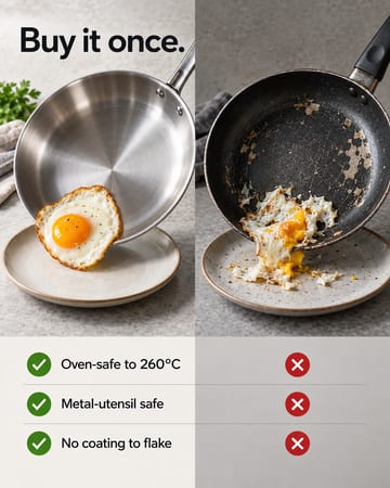 Us vs them ad: a steel frying pan against a non-stick pan