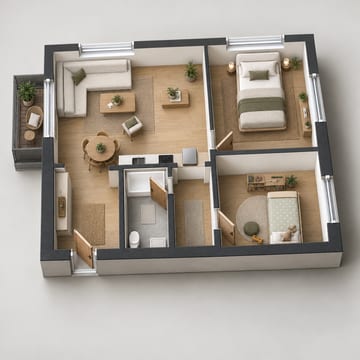 3D floor plan: a two-bedroom family flat in warm Japandi style