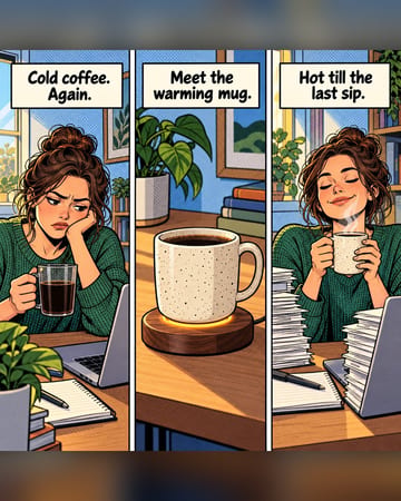 Comic strip ad: a warming mug keeps coffee hot