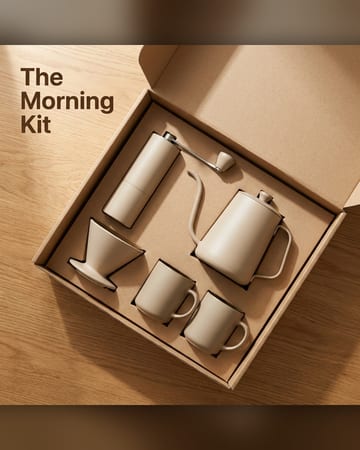 Bundle ad: a coffee starter kit in an open kraft gift box