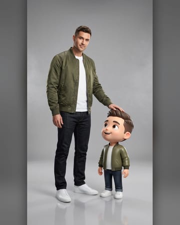 Mini-me photo: a man in an olive bomber beside his 3D mini-me