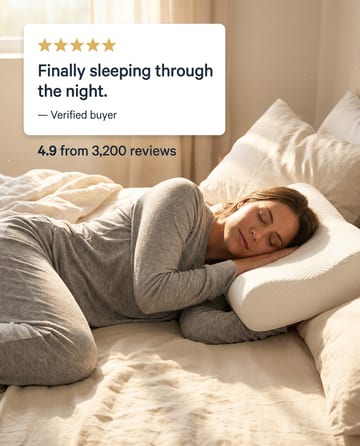 Testimonial ad: a woman asleep on a memory-foam pillow with a review
