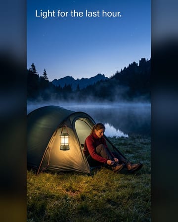 Lifestyle product photo: a camping lantern by a tent on a lake