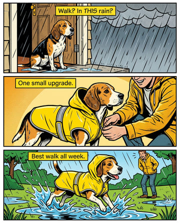Comic strip ad: a beagle in a yellow raincoat
