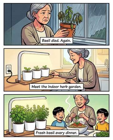 Comic strip ad: an indoor herb garden for fresh basil