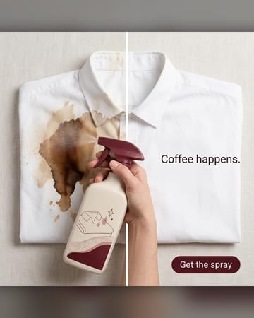 Problem solution ad: a coffee-stained shirt, then spotless with stain spray