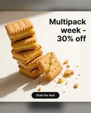 Offer ad: a leaning stack of sandwich biscuits, 30% off
