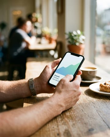 Lifestyle ad: hands holding a phone with a finance app growth chart