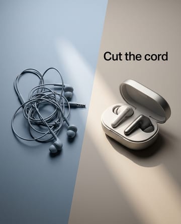 Us vs them ad: tangled wired earphones against wireless earbuds