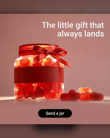 Gift ad: a candy jar with a ribbon bow on warm pink