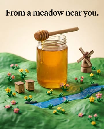 Clay diorama ad: a honey jar in a tiny clay meadow