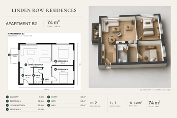 Sales sheet for a two-bedroom flat with a Japandi 3D plan