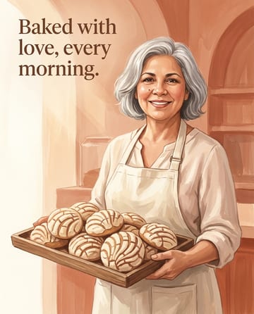 Illustrated portrait of a bakery owner holding a tray of bread