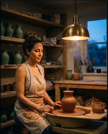 Cinematic portrait of a ceramics studio founder at her wheel