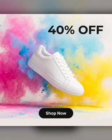 Offer ad: a white sneaker in an explosion of coloured powder